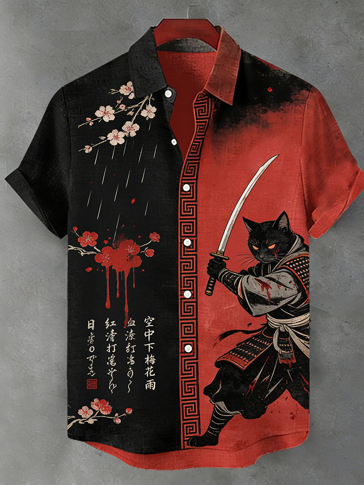 Japanese Samurai Cat And Plum Blossom Red-black Color Block Cotton-linen Short Sleeve Shirt elevenforest