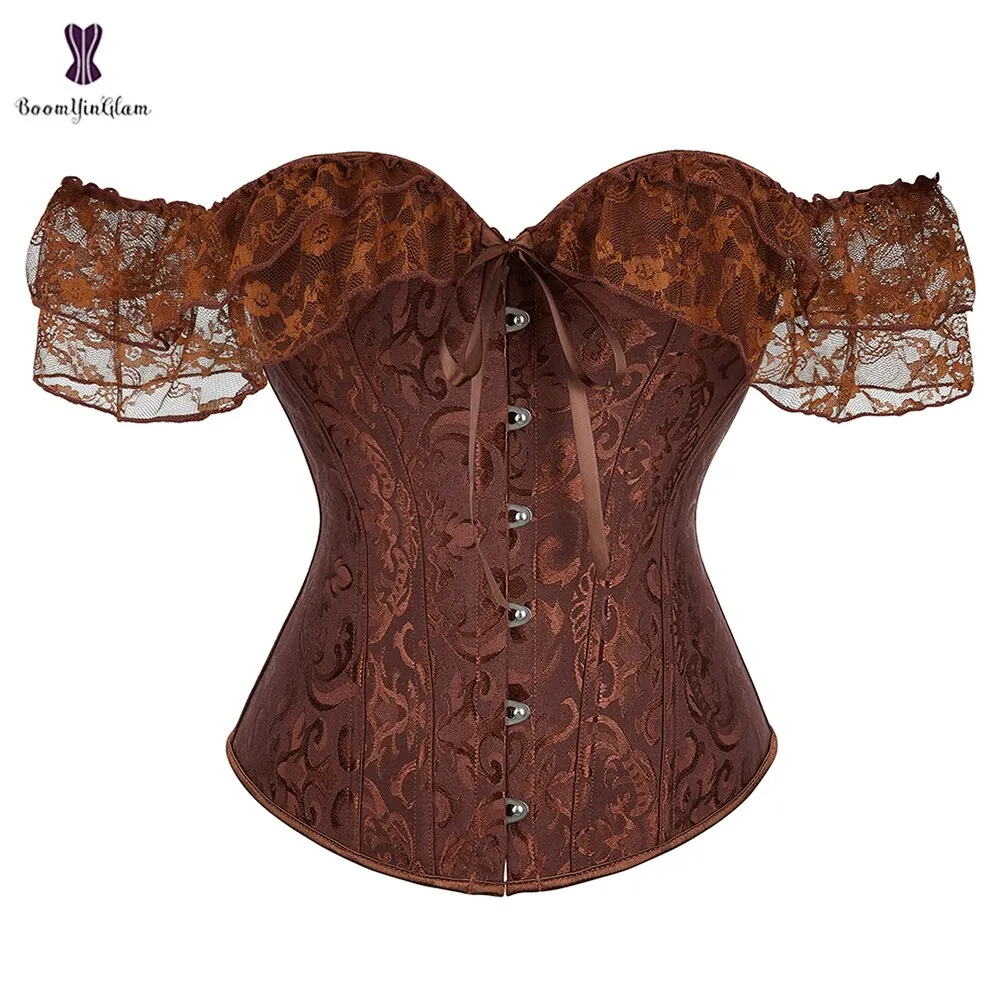 Uaang Women's Princess Renaissance Corset Black White Red Green Beige Floral Lace Short Sleeves Elegant Halloween Bustier Top