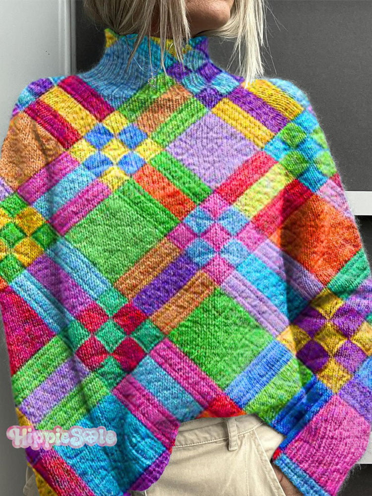 Colorful Plaid Print Knit Turtleneck Pullover Sweater Multicolor / S