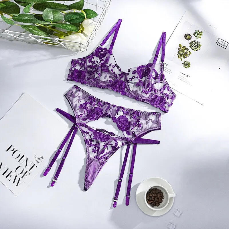 Billionm Lace Lingerie Set 3 Pieces Push Up Bra with Bone Panties Sensual Women's Underwear Floral Embroidery Erotic Costumes Femme Sex