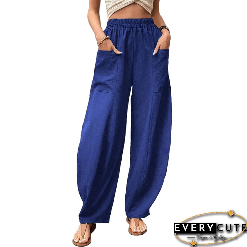 Royal Blue Solid Elastic Waist Pocket Casual Pants