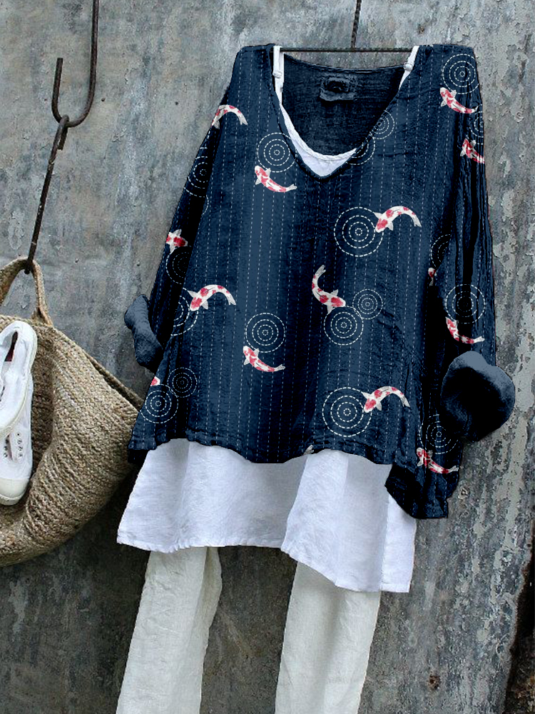 Koi Japanese Sashiko Art Linen Blend Tunic
