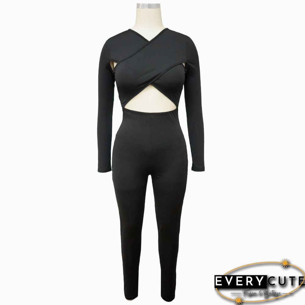 Autumn And Winter New Sexy Cross Tie Solid Color Jumpsuit