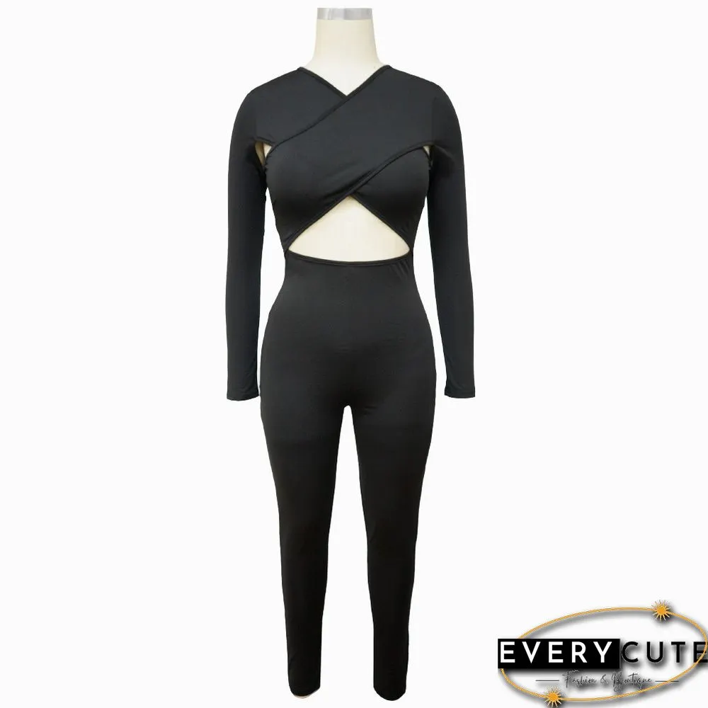 Autumn And Winter New Sexy Cross Tie Solid Color Jumpsuit