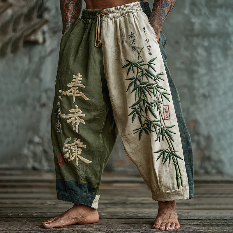 Men's Japanese Bamboo Art Print Color Blocked Linen Blend Pants elevenforest