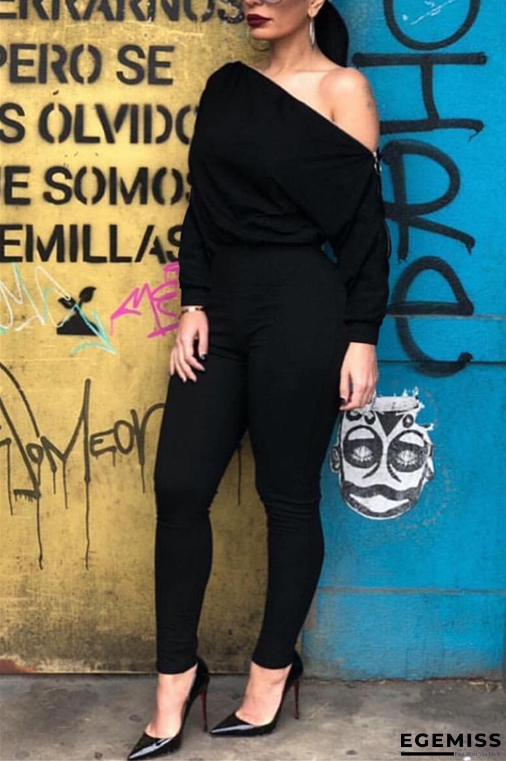 Black Casual zipper Solid Long Sleeve one word collar Jumpsuits | EGEMISS
