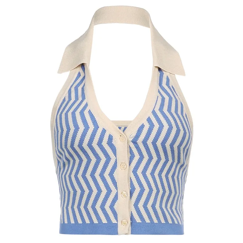 HEYounGIRL Halter Sleeveless Knitted Crop Top Women Sexy Backless Tank Top Autumn Print V Neck Vest Ladies Button Knitwear