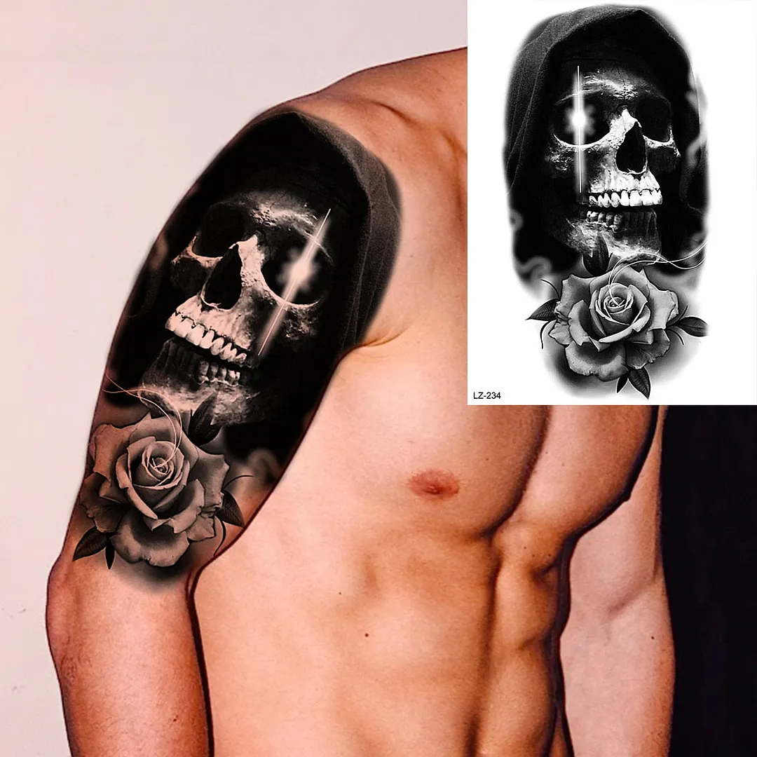 Black Rose Flower Sexy Temporary Tattoos For Women Adult Thigh Peony Skull Realistic Fake Tattoo Sexy Washable Tatoos Sticker