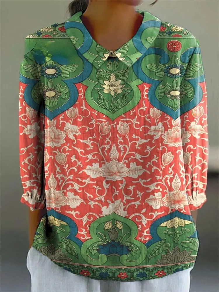 Women's Vintage Lovely Floral Art Print Casual Cotton And Linen 3/4 Sleeve Shirt