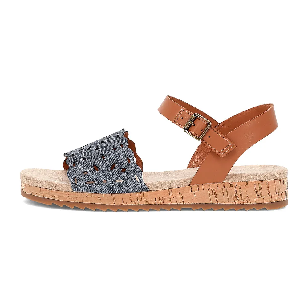 Blue & Tan Denim Round Toe Flat Cut Out Platform Sandals with Buckle