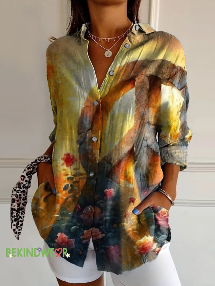 Peace Sunshine Floral Print Casual Cotton Linen Shirt Multicolor / S