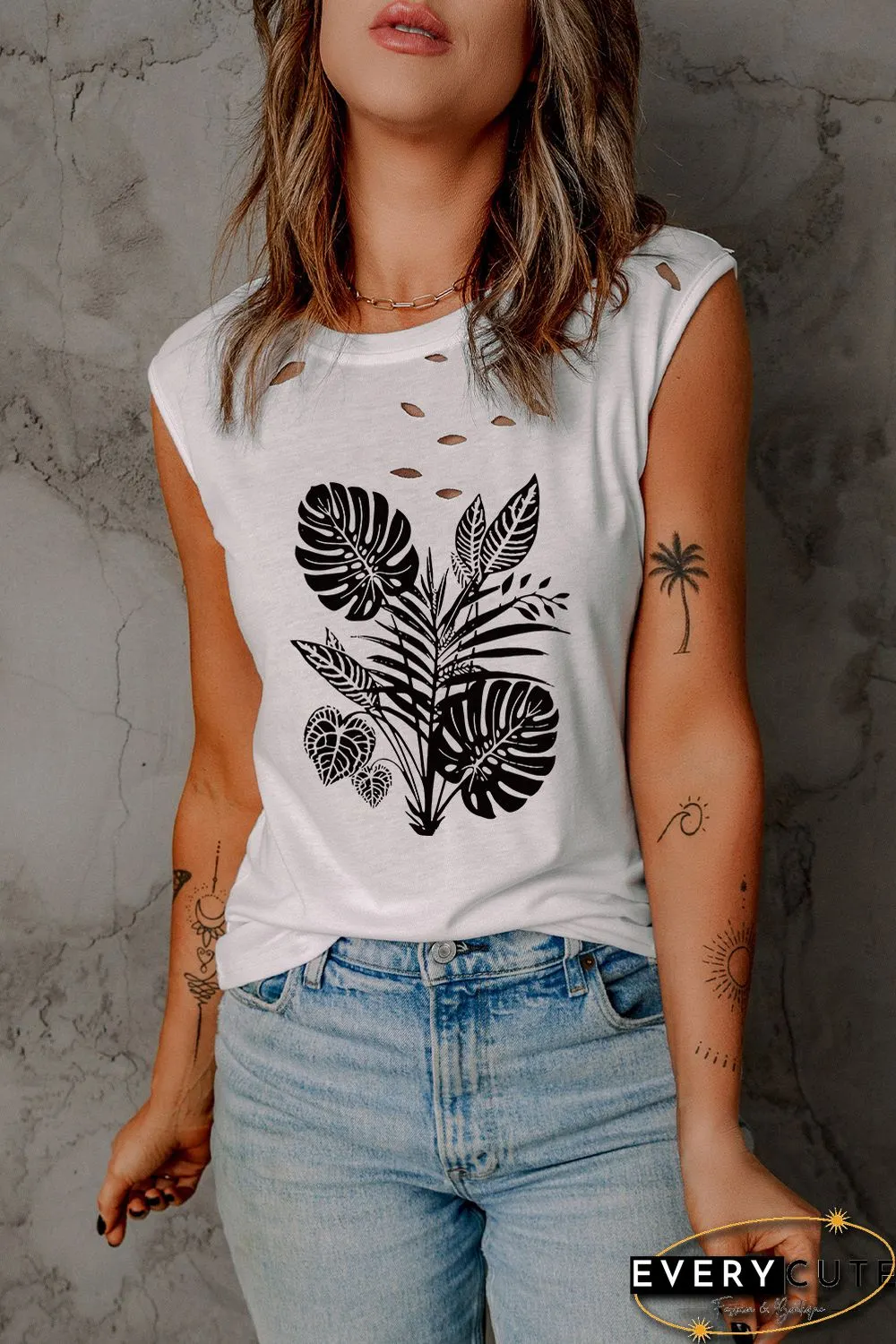 White Tropical Palm Leaves Print Ripped Crew Neck Tank Top