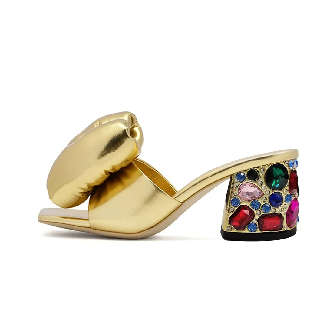 YDN Gold Open Square Toe Slip On Bow Heeled Mules with Rhinestone