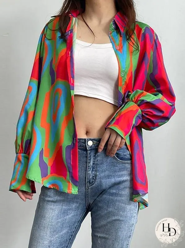 Blouses Loose Print Button Balloon Sleeve Blouse for Women