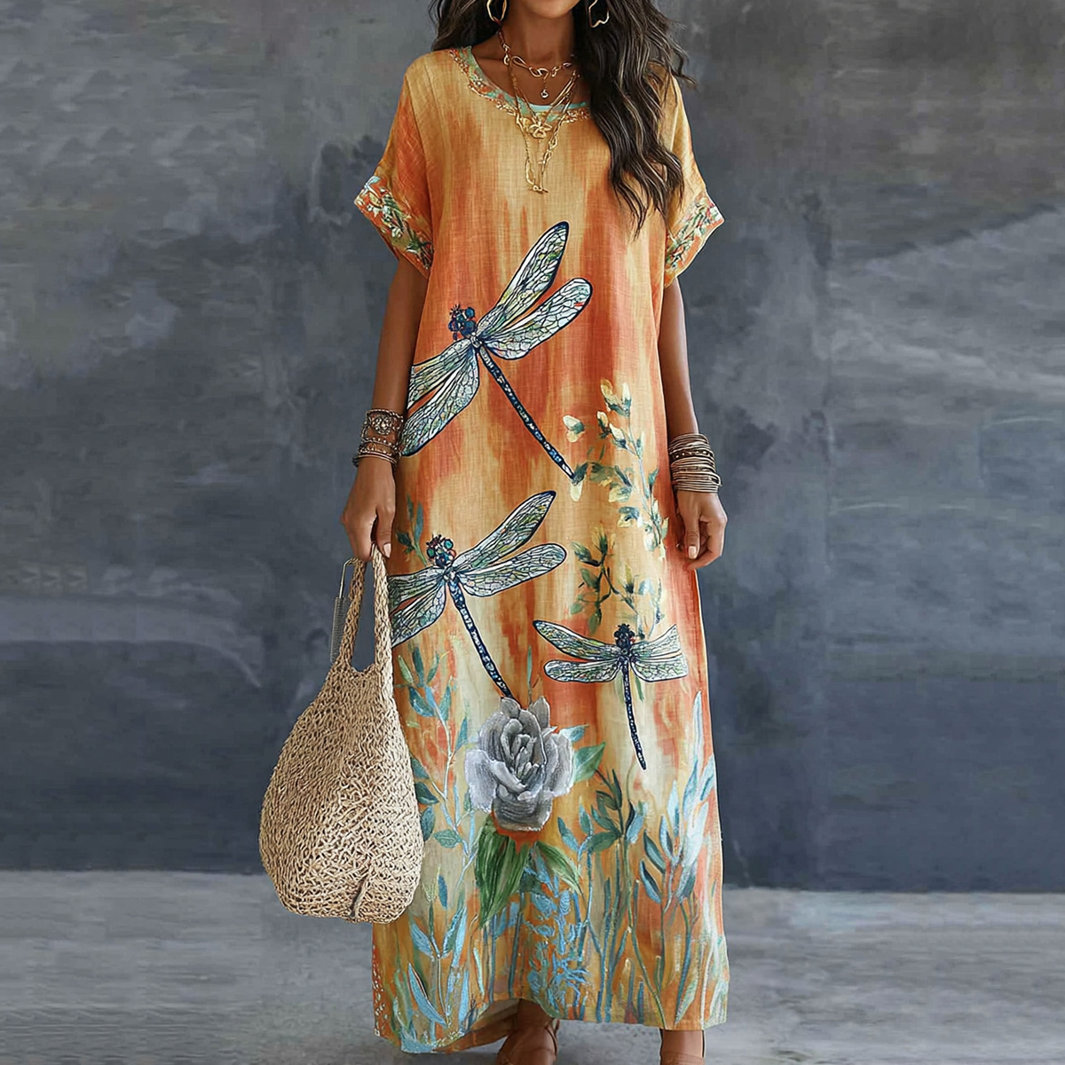 Retro Dragonfly And Floral  Pattern Linen Maxi Dress elevenforest