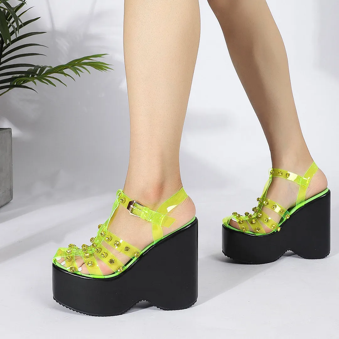 Women Sandals High Heels Rhinestone Fashion Sandals Wedge Platform Fluorescent Green Plus Size Heel Sandals
