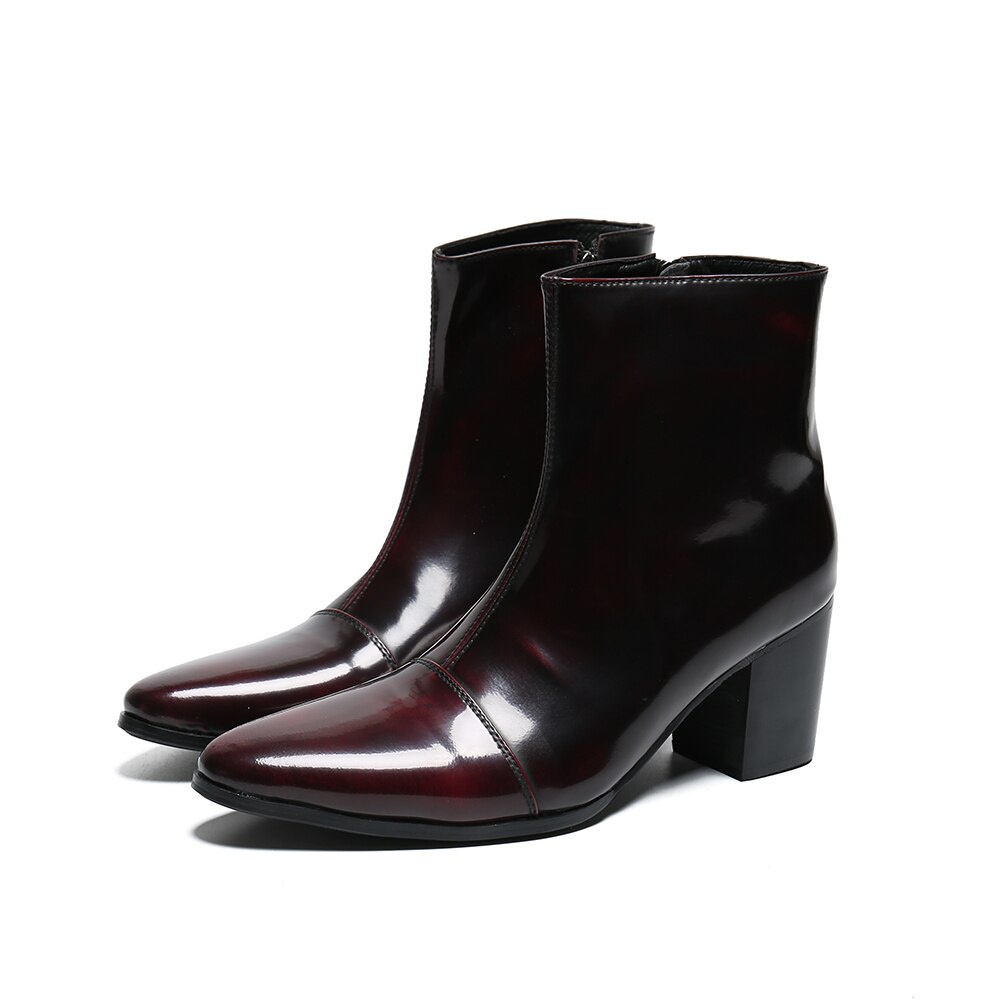 GOOSHOE Leather Men High Heel Boots Pointed Toe Stage Short Boots Male Dress Shoes