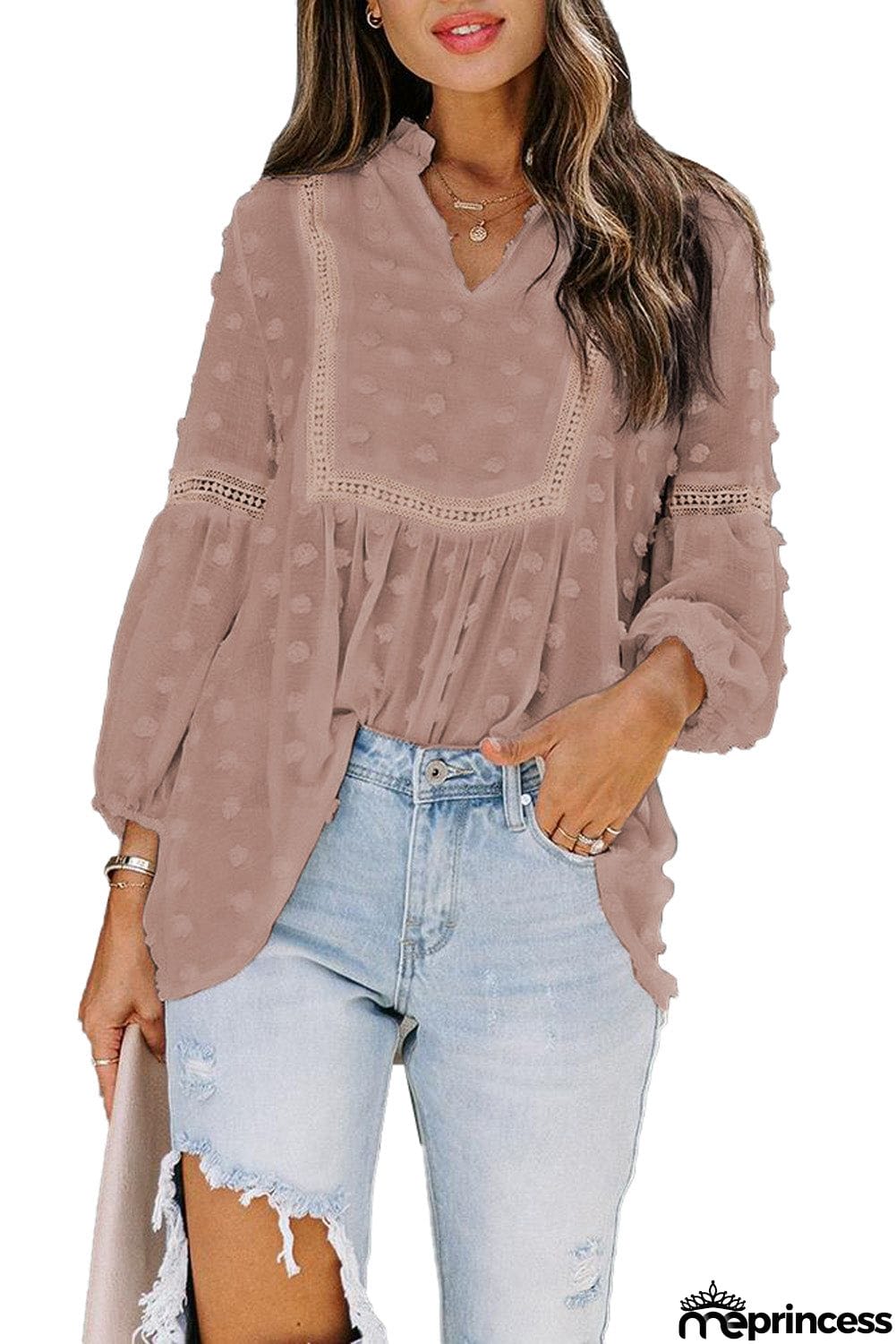 Ruffled Split Neck Lace Hollow Out Puff Sleeve Polka Dot Blouse