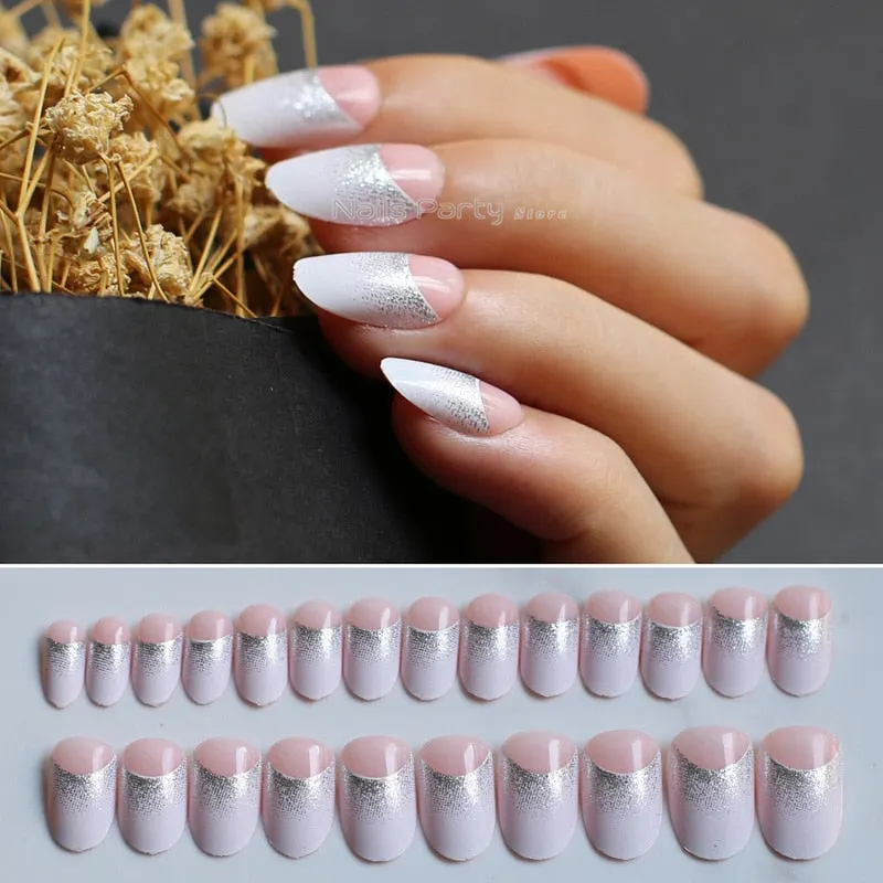 Pink nude oval fake nails french glitter false nails AB Diamond flash Cute girl Medium lovely-Nail Inspo