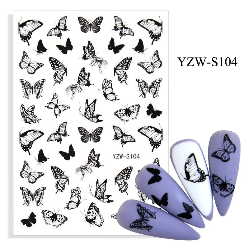 1pc Holographic Blue Nail Stickers Pink Colorful Butterfly Art Sticker With Adhesive DIY Extension Flowers Rose Nail Decoration-Nail Inspo