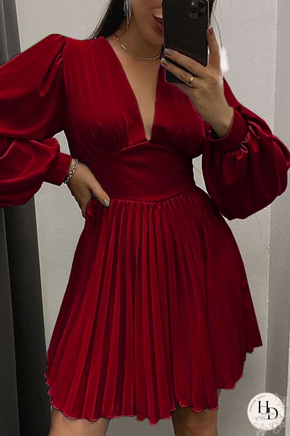 Burgundy Casual Solid Patchwork Fold V Neck Pleated Dresses