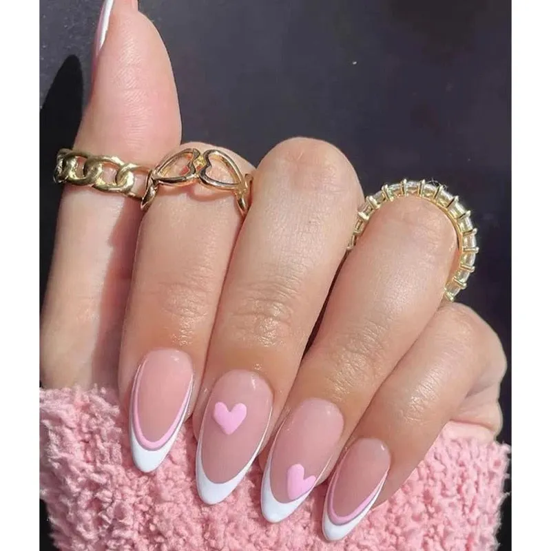 24Pcs Coffee Color With Grids Heart Designs False Nail Full Cover Fake Nails with Glue Detachable Wearable Manicure Nail Tips-Nail Inspo