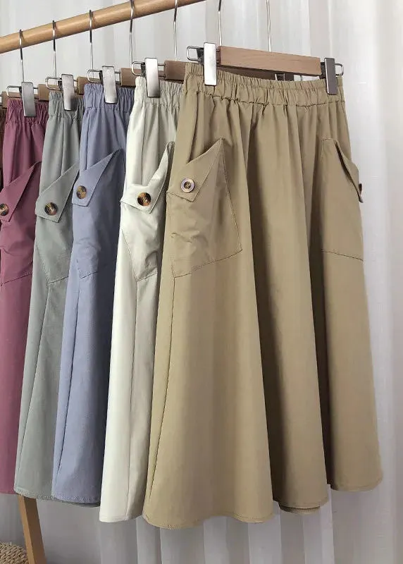 Vintage Light Khaki Button Pockets Faux Leathe A Line Skirts Summer