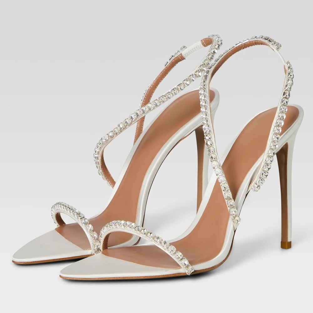 White Open Toe Rhinestone Embellished Slingback Heeled Sandals Nicepairs