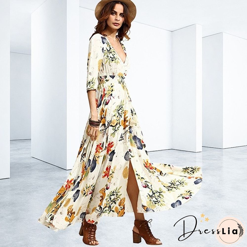 Summer Fashion Womens Bohemian V Neck Print Big Swing Long Dress Plus Size