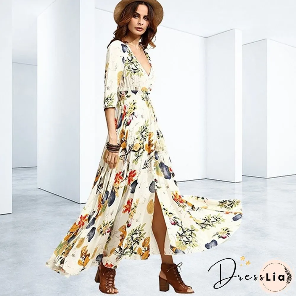 Summer Fashion Womens Bohemian V Neck Print Big Swing Long Dress Plus Size