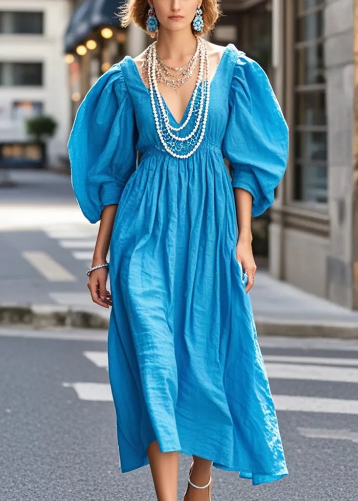 Chic Blue Cotton Holiday Dress V Neck Puff Sleeve Summer