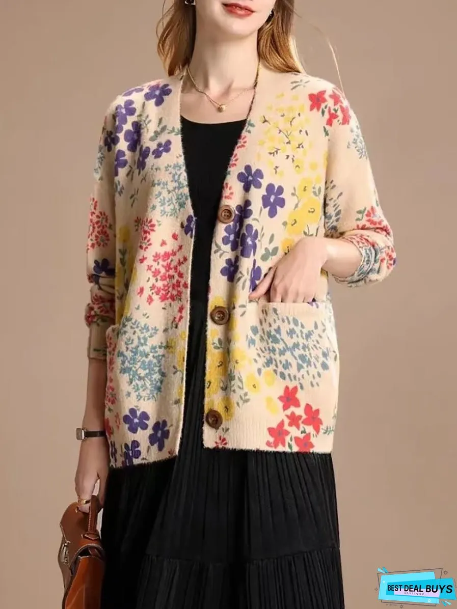 Women Casual Flower V-Neck Winter Cardigan Sweater