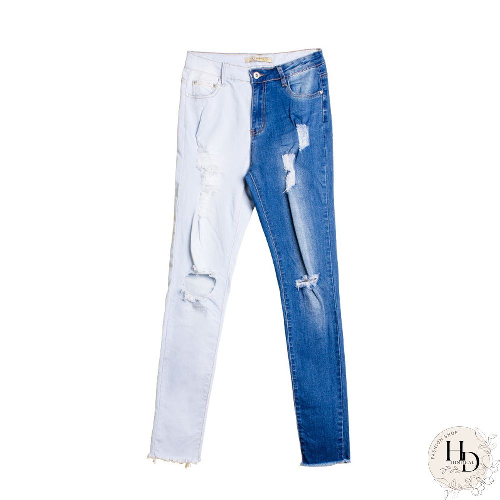 Fashion-Spring And Summer Hot Selling Small Leg Pants Broken Holes Stretch Slim Body Patchwork Color Pencil Pants Woman