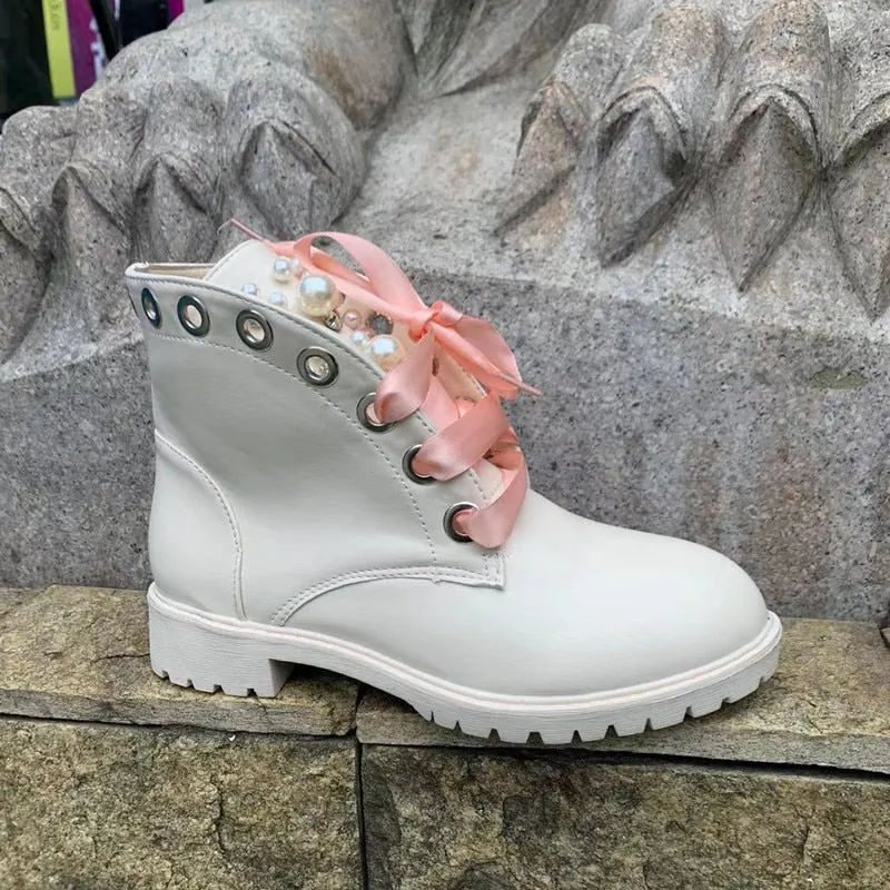 Women Short Boots 2022 Ladies Leather Ankle Boots Autumn Platform Motorcycle Shoes For Woman's Punk 36-42 Winter Pearl Rivet Sho