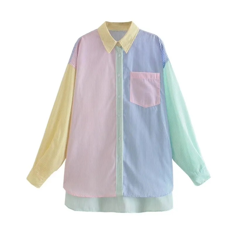 Stylish Chic Contrast Color Striped Pacthwork Loose Blouse Women 2021 Fashion Lapel Collar Pocket Shirts Girls Casual Tops