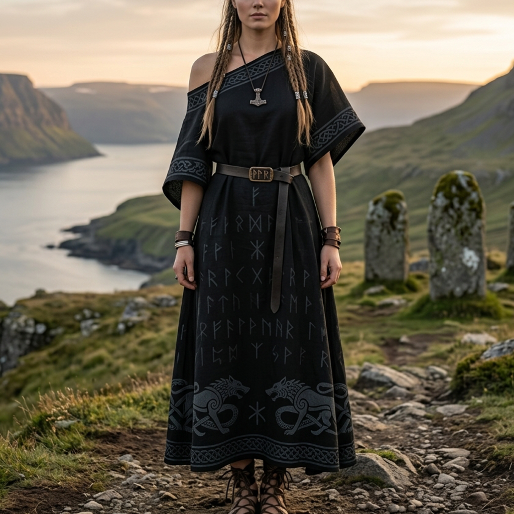 Cotton Linen Viking-Inspired Boho Maxi Dress with Nordic Symbols and Fringed Hem