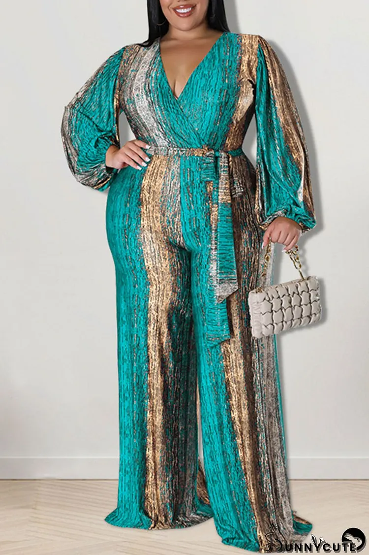 Green Casual Print Bandage Patchwork V Neck Plus Size Jumpsuits