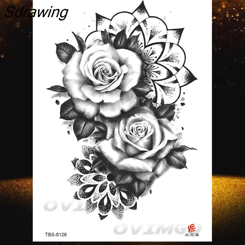 Sdrawing Lotus Flower Temporary Tattoos Fake Jewelry 3D Beauty Rose Tattoo Sexy Body Art Arm Painting Tatoo Sticker For Women