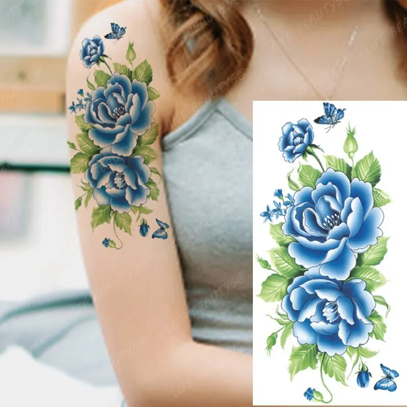 Sdrawing Temporary Flower Tattoos Women Fashion Beauty Rose Butterfly Flash 3D Fake Tattoo Arm Sleeve Pink Blue Sticker Girl