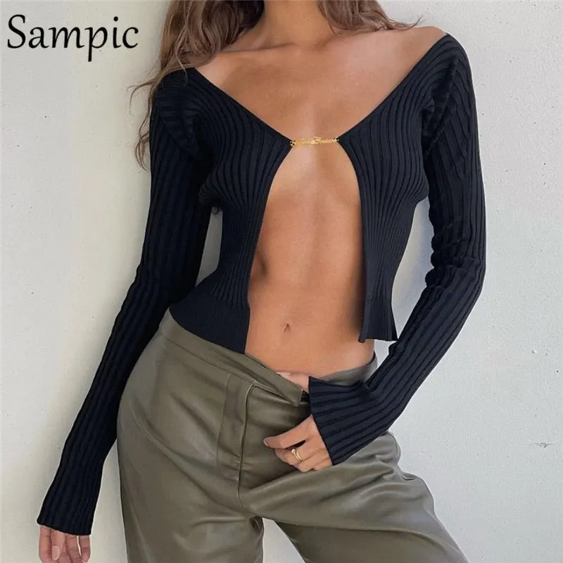 Sampic Casual Skinny Winter Long Sleeve Cropped Knitwear Fashion Basic Tops Women 2021 Knitted Green Sexy Y2K Cardigans Sweater