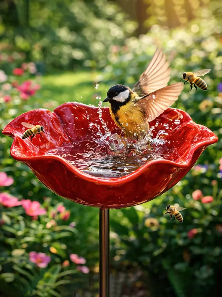Bee Watering Station with Flower Design Bee Bath for Garden Decorative Metal Flower Garden Stake for Outdoor Yard Patio Decoration