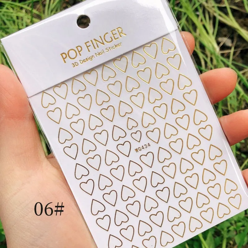 Star Nail Art 3D Stickers Black White Gold Love Hearts Pattern Nail Decals Manicures Nails Design Adhesive Wraps Tip Decoration
