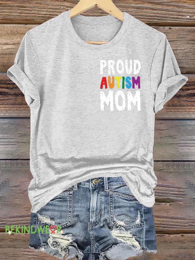 Proud Autism Mom Print Casual Crew Neck Short Sleeve T-Shirt White / S