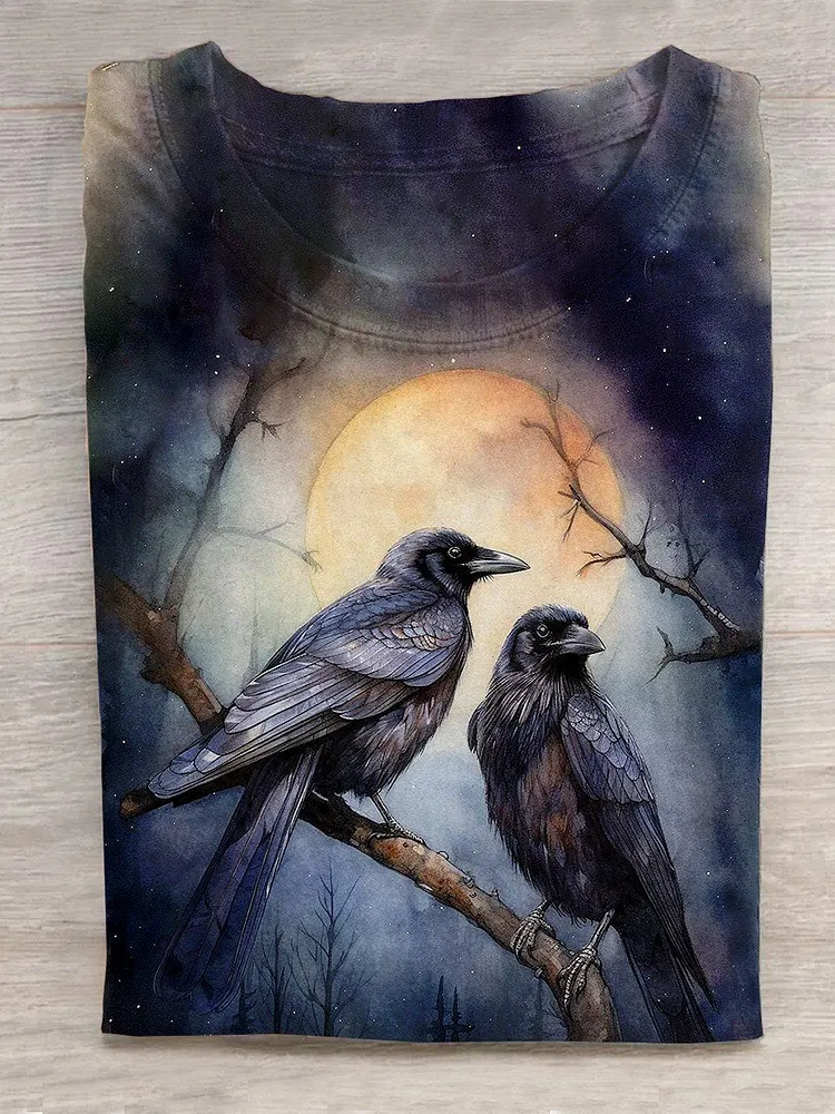 Unisex Halloween Raven Print Casual T-Shirt