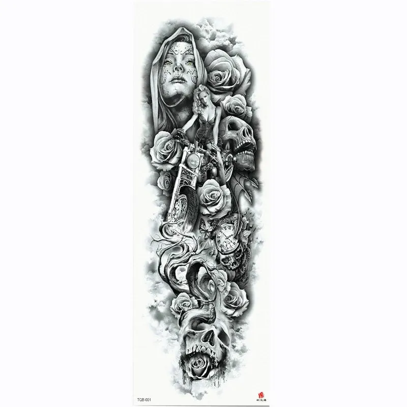 2018 New Full Flower Arm Tattoo Sticker Skeletons and Roses Temporary Body Paint Water Transfer Tattoo Sleeve