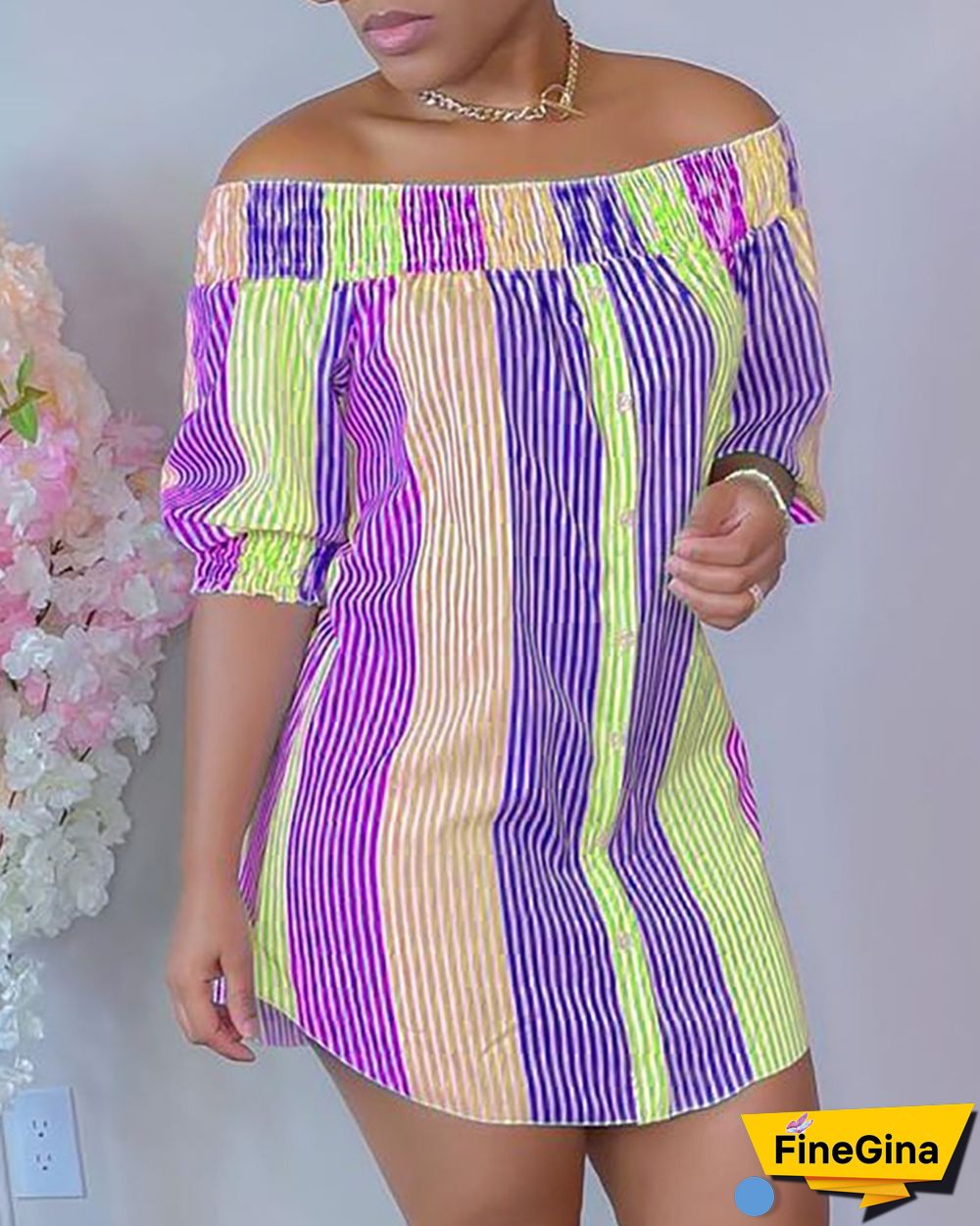 Striped Print Colorblock Shirred Buttoned Casual Dress