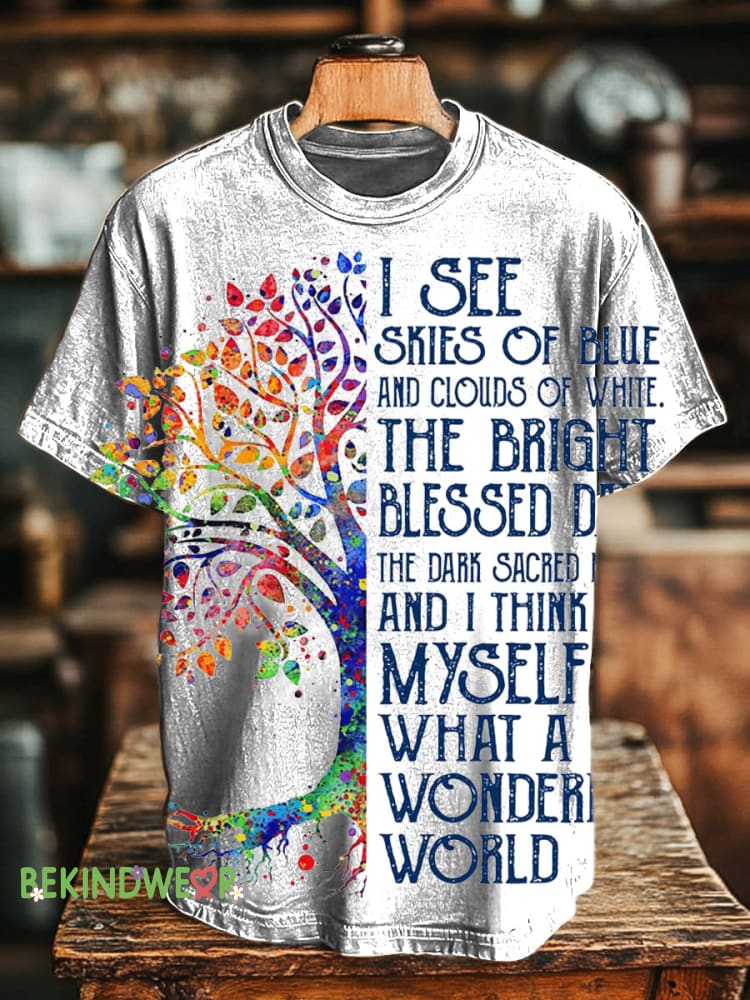 Wonderful World Big Tree Mind Positive Slogan Print Casual Unisex Crew Neck Short Sleeve T-Shirt Multicolor / S