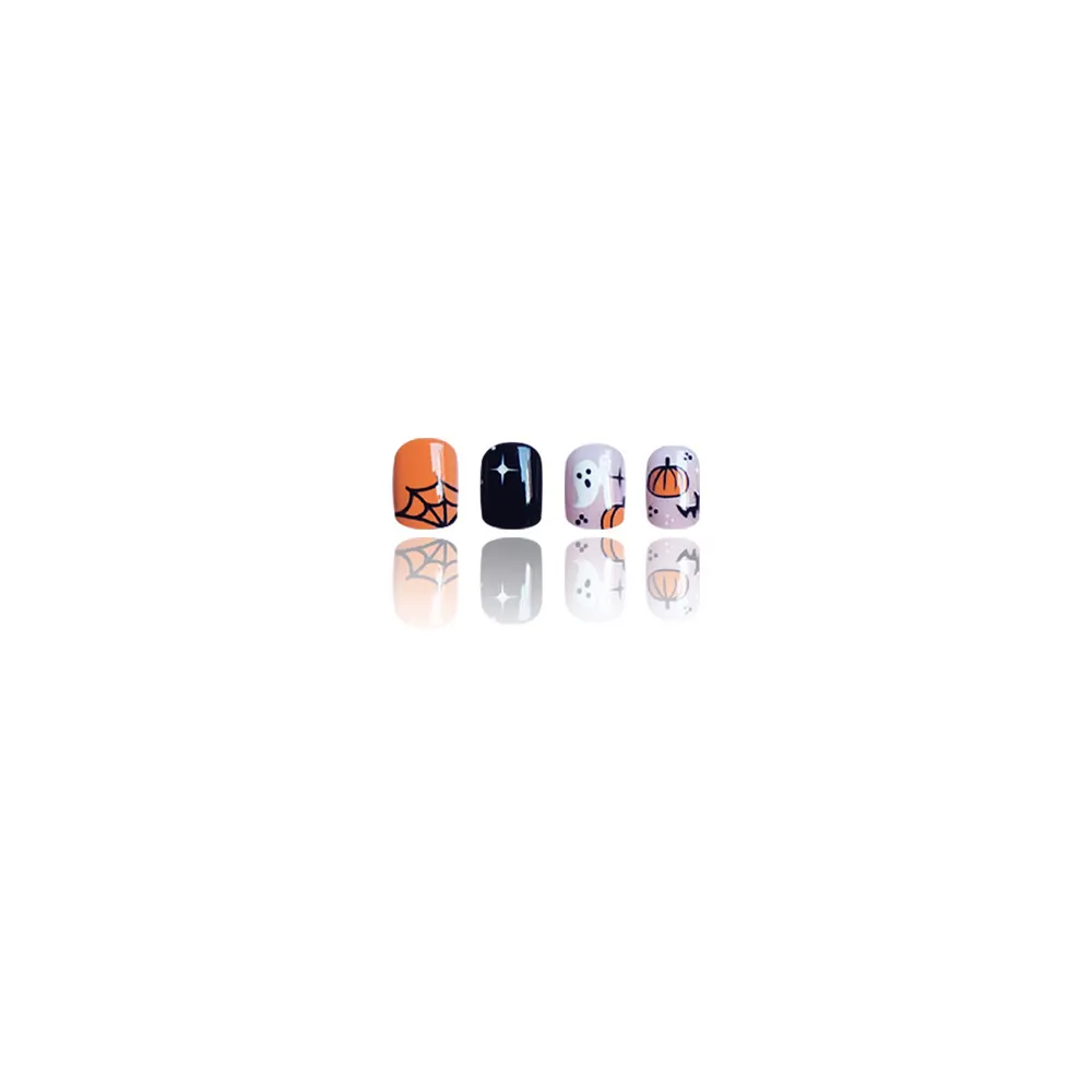 Churchf Churchf Cool Black Ghost Short Square Halloween Holiday Nail Pumpkin Ghost Fake Nail Finished Wear Nail Piece