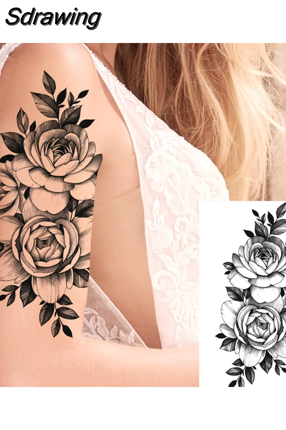 Sdrawing Peony Flower Temporary Tattoos For Women Adults Realistic Compass Moon Pendant Fake Tattoo Sticker Arm Body Tatoos 507-1