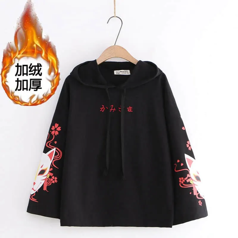 NiceMix Girl Loose Hooded Long sleeve Sweatshirt Harajuku Kawaii Vintage Fushimi Inari Shrine Fox Printed Hoodies Leisure Pullov